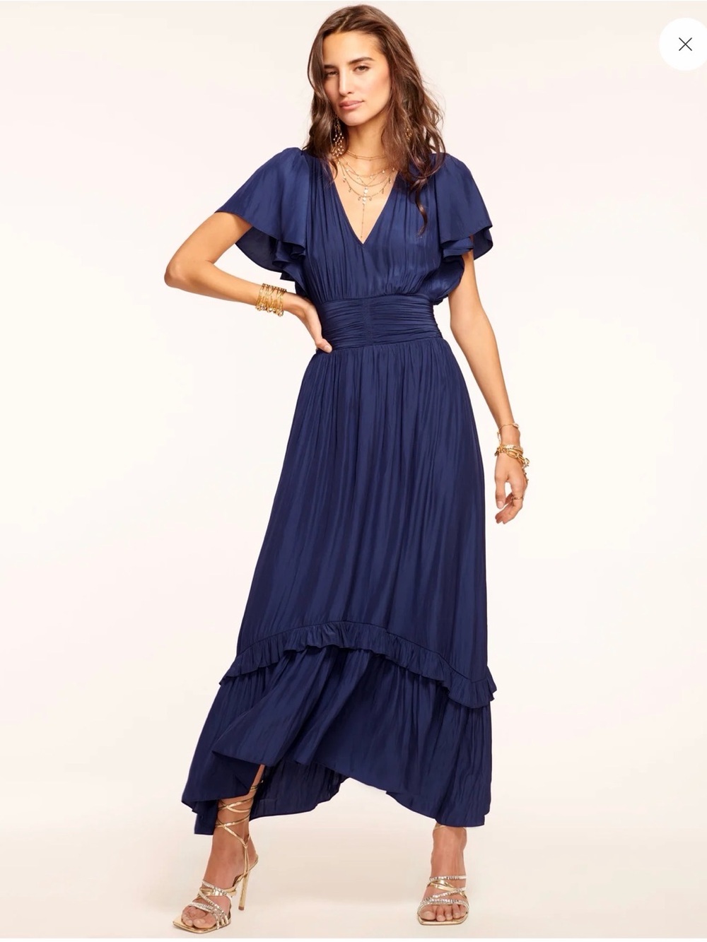 Ramy Brook Joanie Flutter Sleeve Maxi Dress Smocked V-neck Ruffle Dress Size L